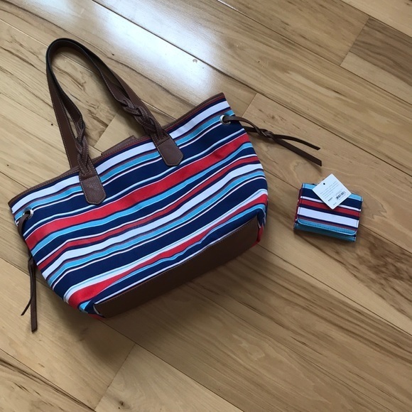 Croft And Barrow Striped Tote And Wallet. Nwt